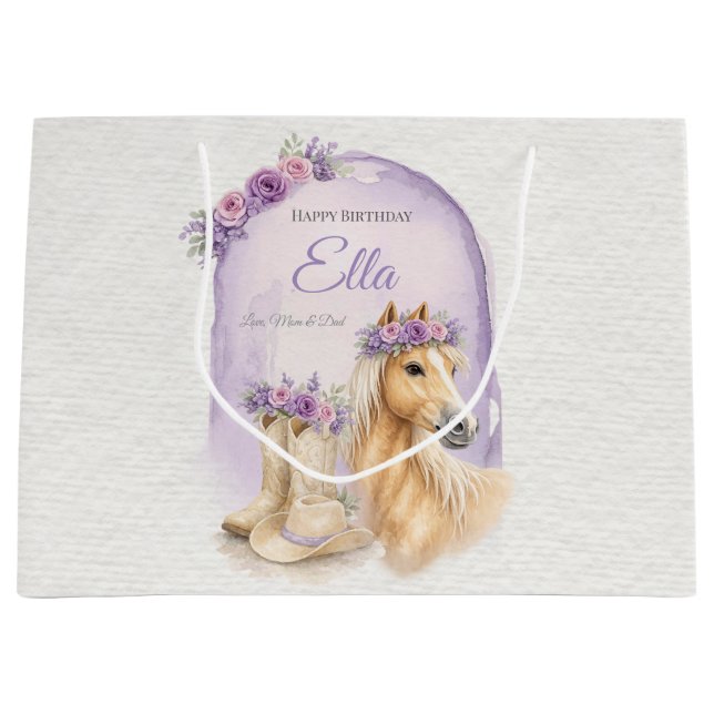 Girls Purple Floral Horse Birthday Große Geschenktüte (Vorderseite)