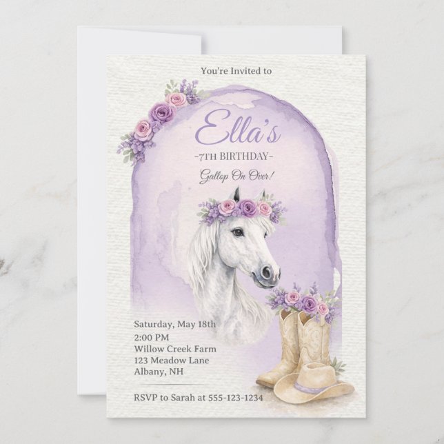 Girls Purple Floral Horse Birthday Invitation Einladung (Vorderseite)