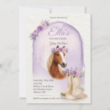 Girls Purple Floral Horse Birthday Invitation