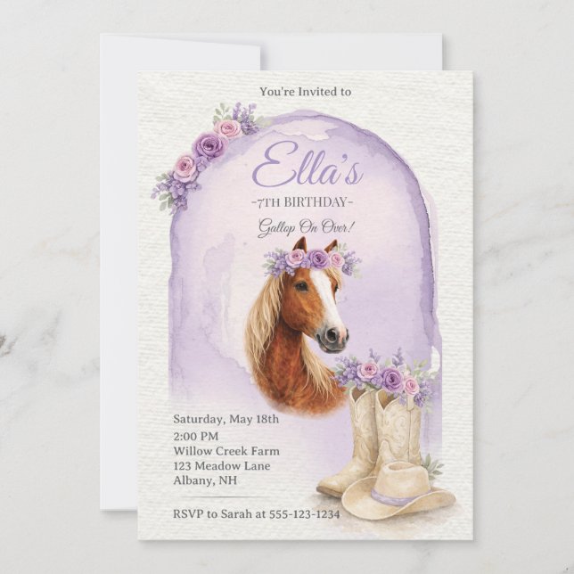 Girls Purple Floral Horse Birthday Invitation Einladung (Vorderseite)
