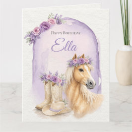 Girls Purple Floral Horse Birthday Karte