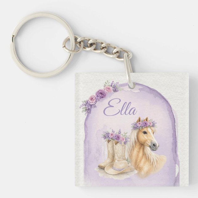 Girls Purple Floral Horse Birthday Keychain Schlüsselanhänger (Vorderseite)