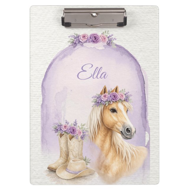 Girls Purple Floral Horse Klemmbrett (Vorderseite)