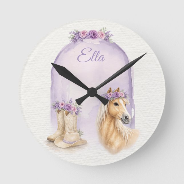 Girls Purple Floral Horse Runde Wanduhr (Vorderseite)