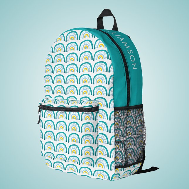 Girls Rainbow Türkis Bedruckter Rucksack (Cute rainbow backpack in turquoise, blue and yellow.  Customize with child's name or other text.)