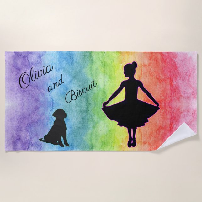 Girls Rainbow Watercolor Dancer and Dog Strandtuch (Vorderseite)