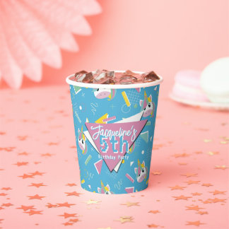 Girls Retro Blue Unicorn Geburtstag Pappbecher