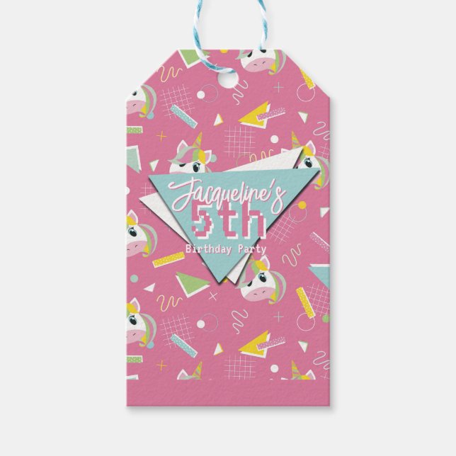 Girls Retro Pink Unicorn Birthday Geschenkanhänger (Vorderseite)