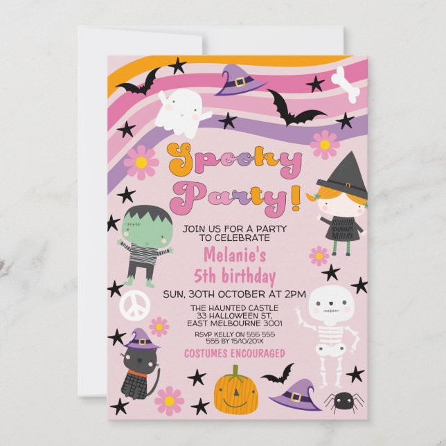 Girls Retro Pooky Party Halloween Geburtstag Einladung (Vorderseite)