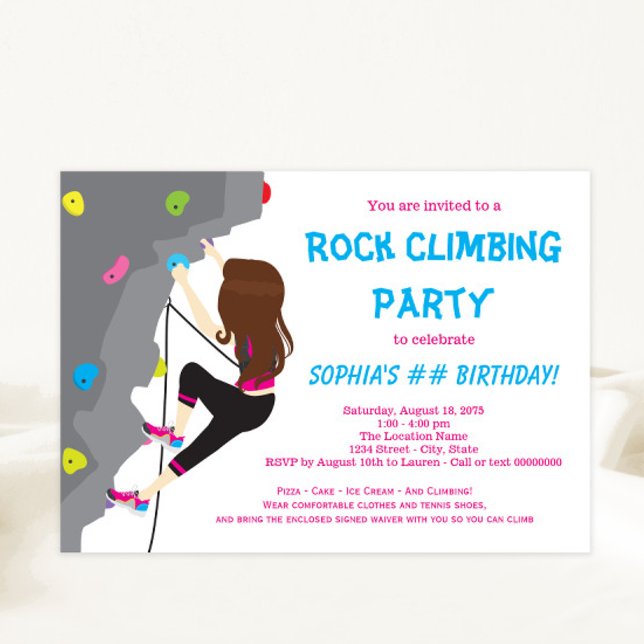 Girls Rock Klettern Geburtstagsparty Einladungen (Cute colorful rock climbing party invitation.)