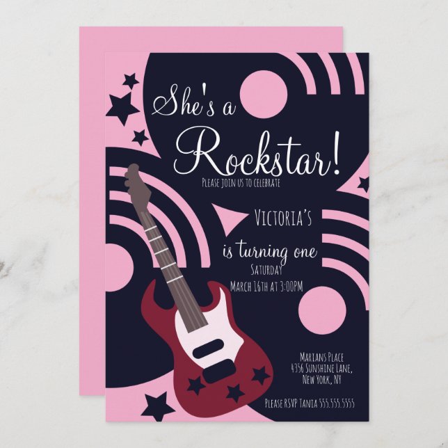 Girls Rockstar Guitar Star Rock Birthday Party  Einladung (Vorne/Hinten)