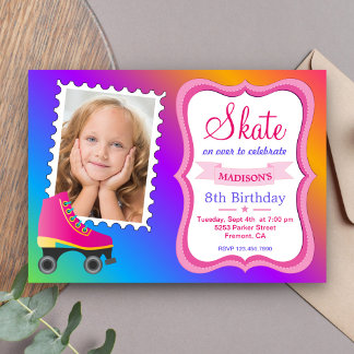 Girls Roller Skaten Pink Skate Geburtstagsparty Einladung