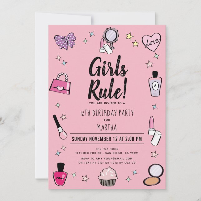 Girls Rule Makeup Wellness-Center Slumber Rosa Geb Einladung (Vorderseite)