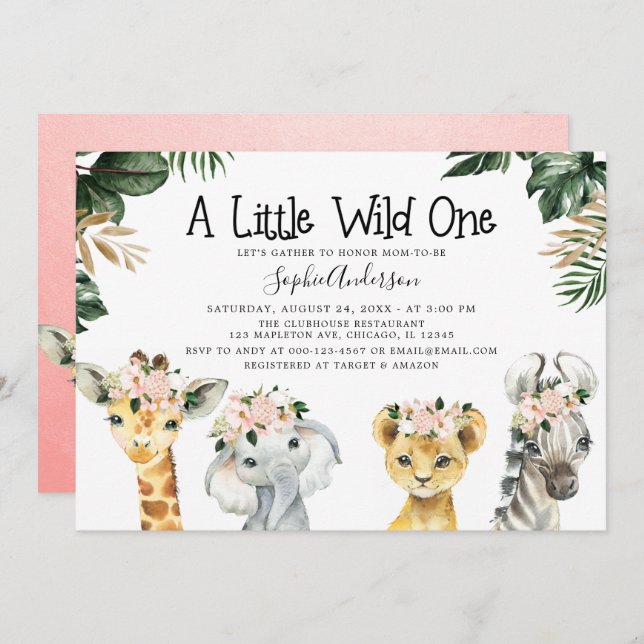 Girls Safari Jungle Animals Baby Dusche Einladung (Vorne/Hinten)