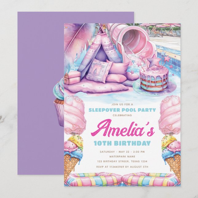 Girls Sleepover Pool Party Einladung (Vorne/Hinten)