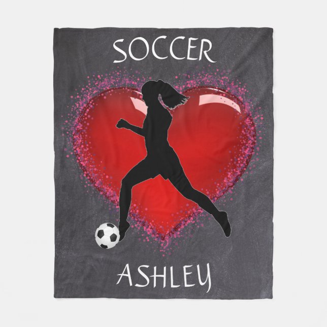 Girls Soccer Chalkboard Herz mit Namen Fleecedecke (Vorderseite)