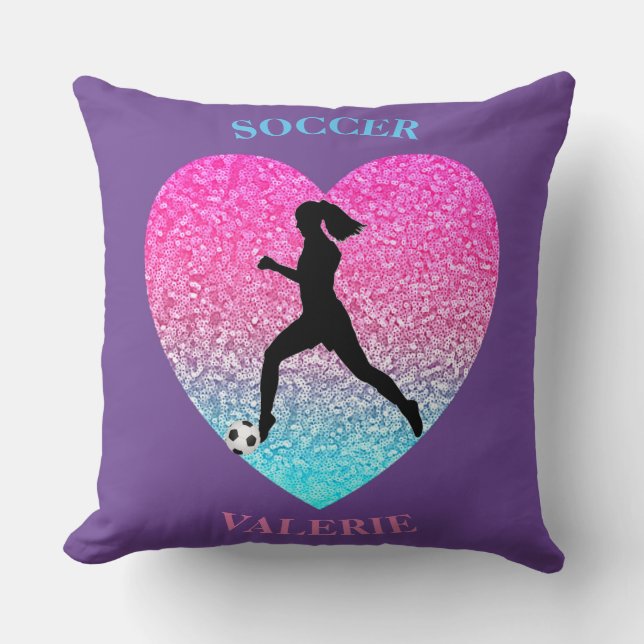 Girls Soccer Personalisierter Lila Kissen (Vorderseite)