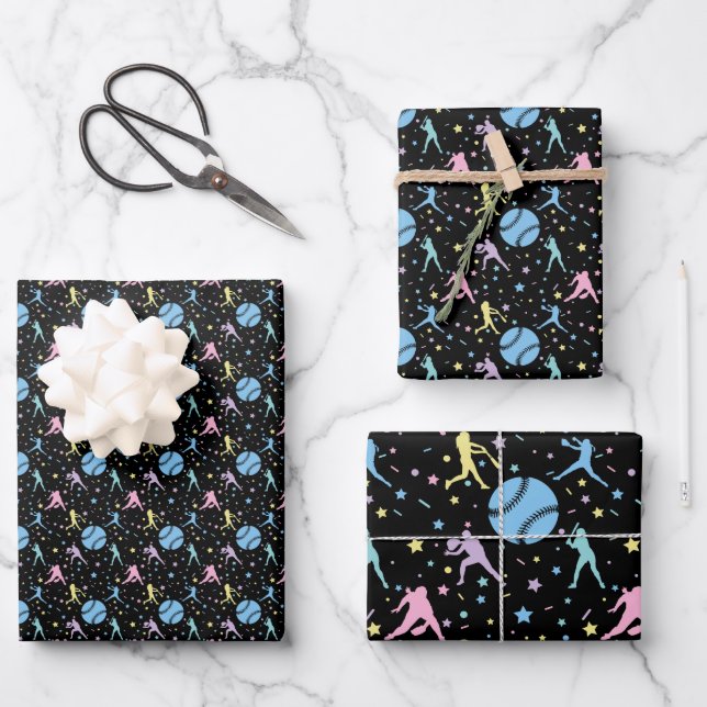 Girls Softball - Frauen Spieler mit Sternen Geschenkpapier Set (Vorderseite)