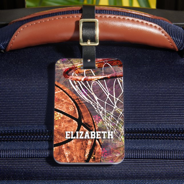 Girls Sports Basketball lila rosa ihren Namen Gepäckanhänger (Vorderseite Insitu 2)