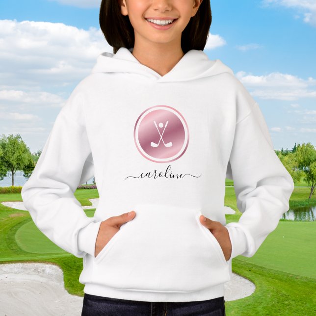 Girls Sports Golf Pink Rose Golfer Name Hoodie (Von Creator hochgeladen)