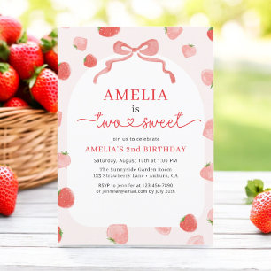 Girl's Strawberry Two Sweet Bow 2. Geburtstag Einladung