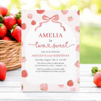 Girl's Strawberry Two Sweet Bow 2. Geburtstag Einladung