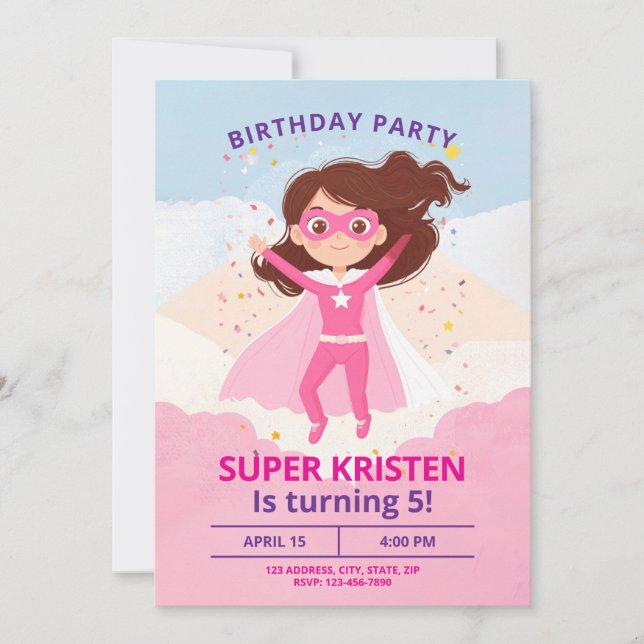 Girl's Super Hero Birthday Invites - Editierbar Einladung (Vorderseite)