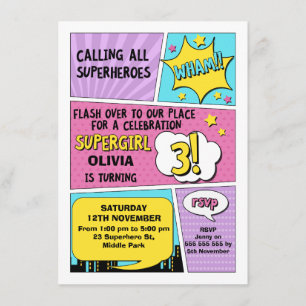 Girls Superhero 3. Geburtstag Einladung