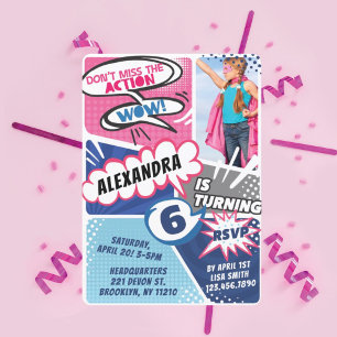 Girl's Superhero Comic Foto Geburtstagseinladung Einladung