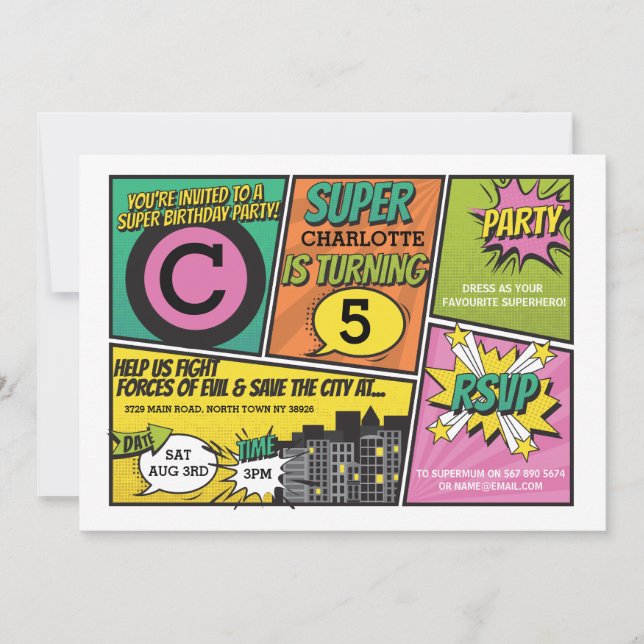 Girl's Superhero Einladung Pink Party Einladung (Vorderseite)