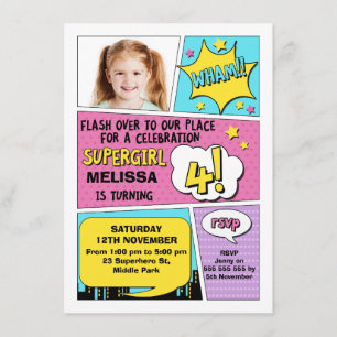 Girls Superhero Foto 4. Geburtstag Einladung
