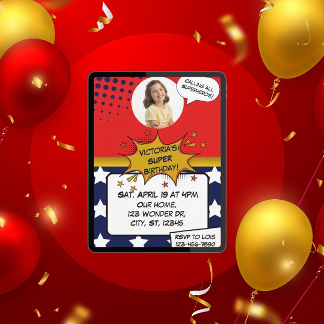 Girls Superhero Red, Blue, Gold & Stars Birthday  Einladung (Von Creator hochgeladen)