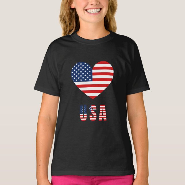 Girl's T - Shirt mit USA Flag Herz Design (Vorderseite)