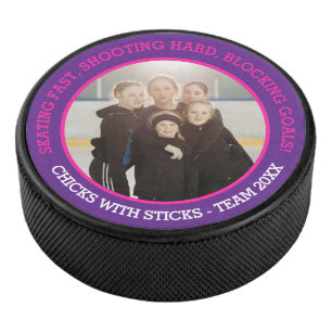 Girls Team Foto und Slogan lila pink Eishockey Puck