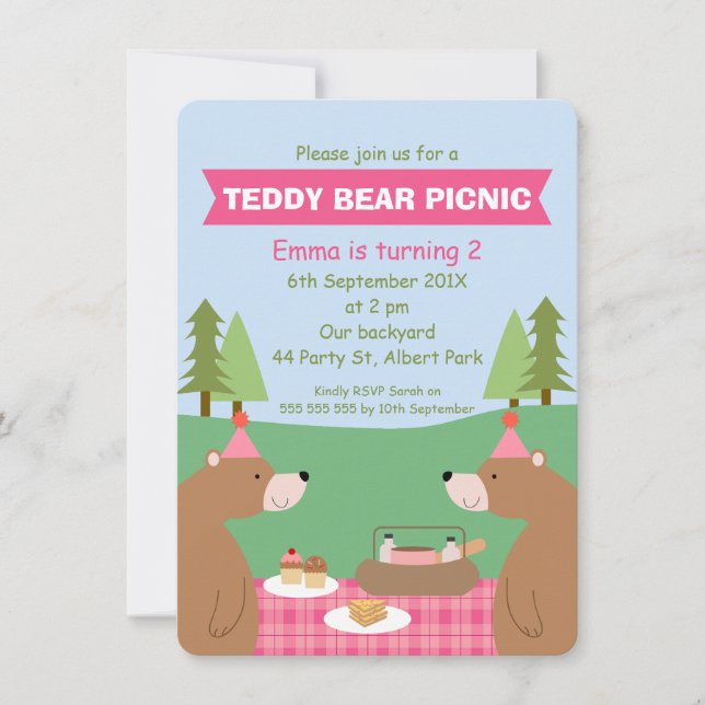 Girls Teddy Bear Picnic Banner Einladung zum Gebur (Vorderseite)