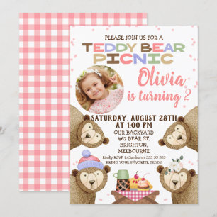 Girls Teddy Bear Picnic Foto Einladung zum Geburts