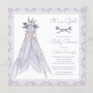 Girls TeePee Baby Dusche Einladung Lavendel Spitze