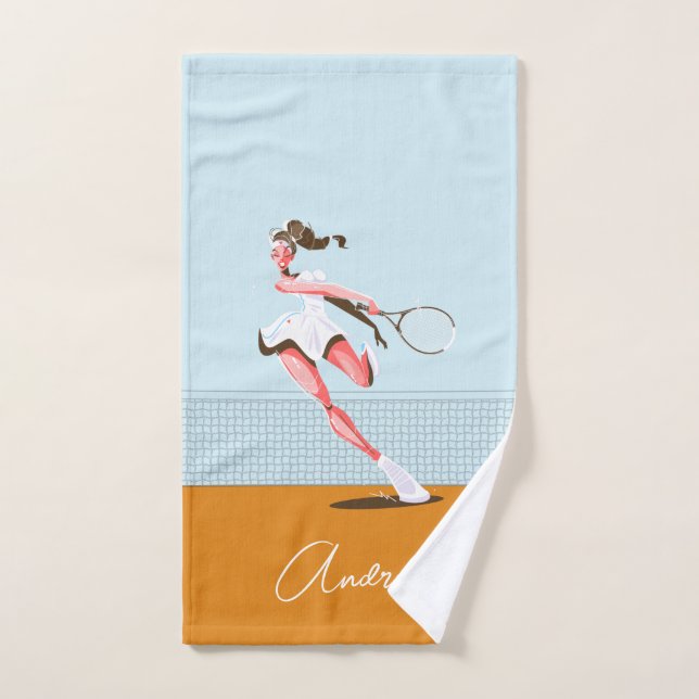 Girl's Tennis Player Cartoon Illustration & Name Handtuch (Handtuch)