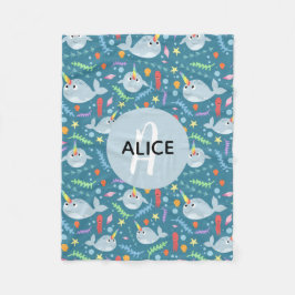 Girls Trendy Narwhal Muster Monogram & Name Kids Fleecedecke