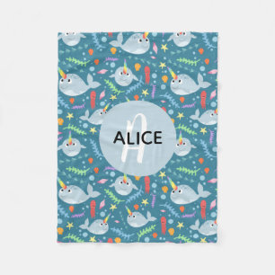 Girls Trendy Narwhal Muster Monogram & Name Kids Fleecedecke