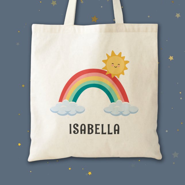 Girls Trendy Whimsical Rainbow Cartoon Kinder Name Tragetasche (Girls Trendy Whimsical Rainbow Cartoon Kids Name Tote Bag)