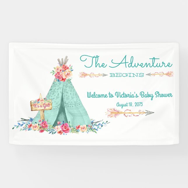 Girls Tribal TeePee Baby Shower Banner