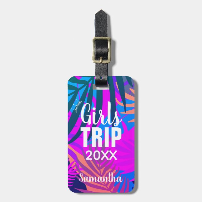 Girls Trip 20XX, tropische Blätter Gepäckanhänger (Vorderseite vertikal)