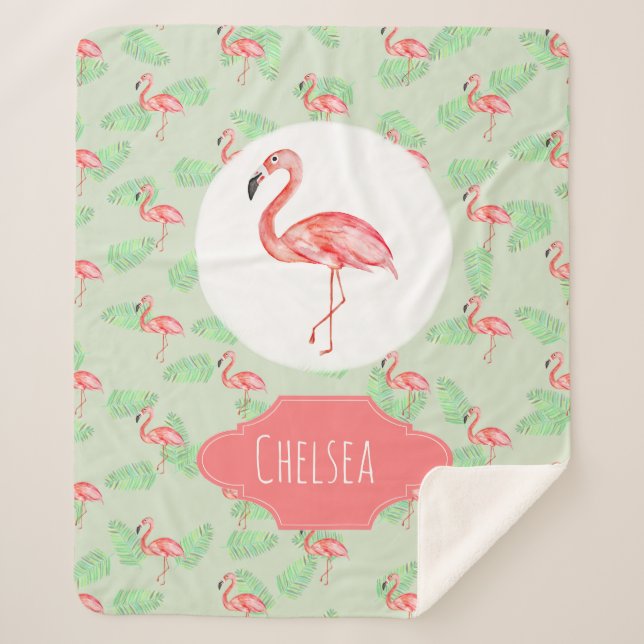 Girls Tropical Watercolor Flamingo & Name Kids Sherpadecke (Vorderseite)