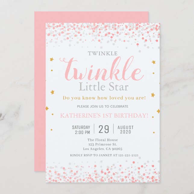 Girls Twinkle Little Star Pink & Gold 1. Geburtsta Einladung (Vorne/Hinten)