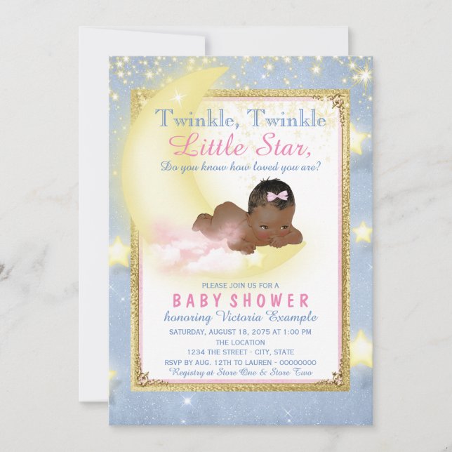 Girls Twinkle Twinkle Little Star Baby Dusche Einladung (Vorderseite)