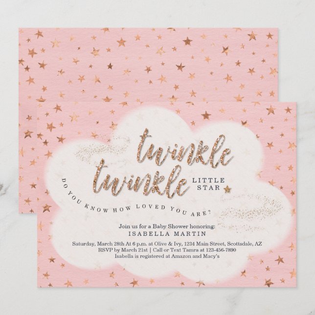 Girls Twinkle Twinkle Little Star Baby Dusche Einladung (Vorne/Hinten)