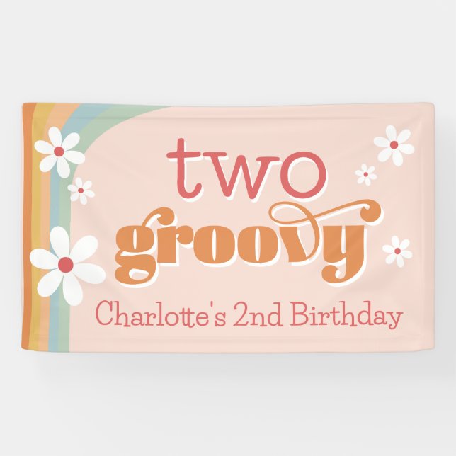 Girl's Two Groovy Retro Daisies 2. Geburtstag Banner (Horizontal)