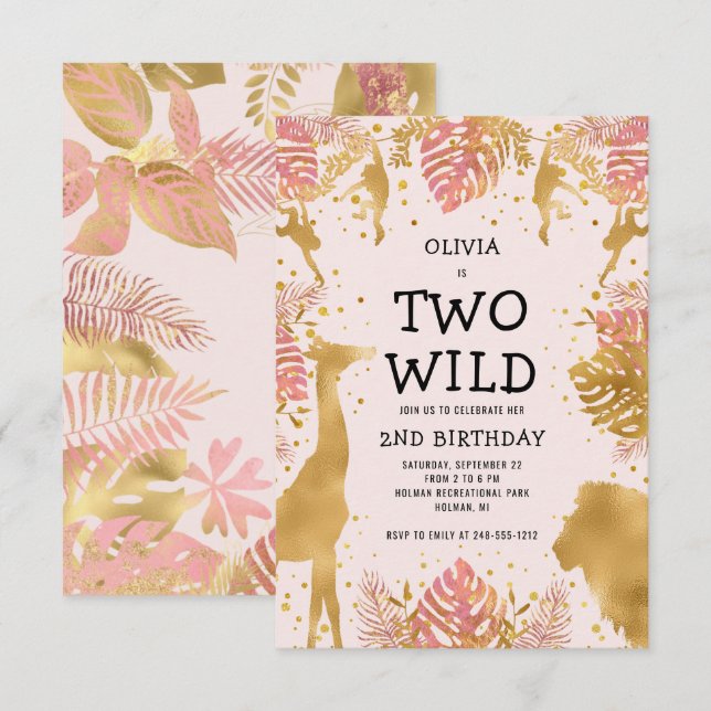 Girls Two Wild 2. Geburtstag Pink Jungle Safari Einladung (Vorne/Hinten)
