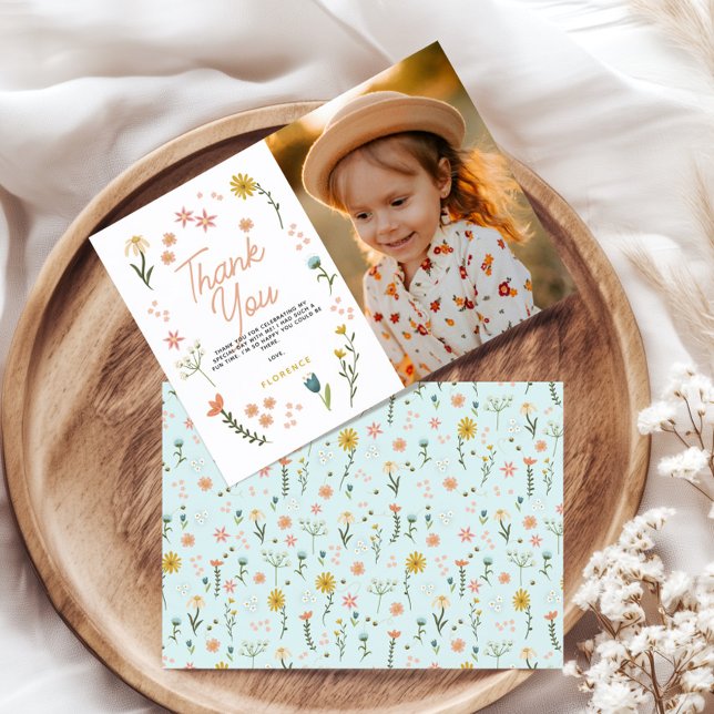 Girls Two Wild Boho Wildflower Birthday Photo Dankeskarte (Von Creator hochgeladen)